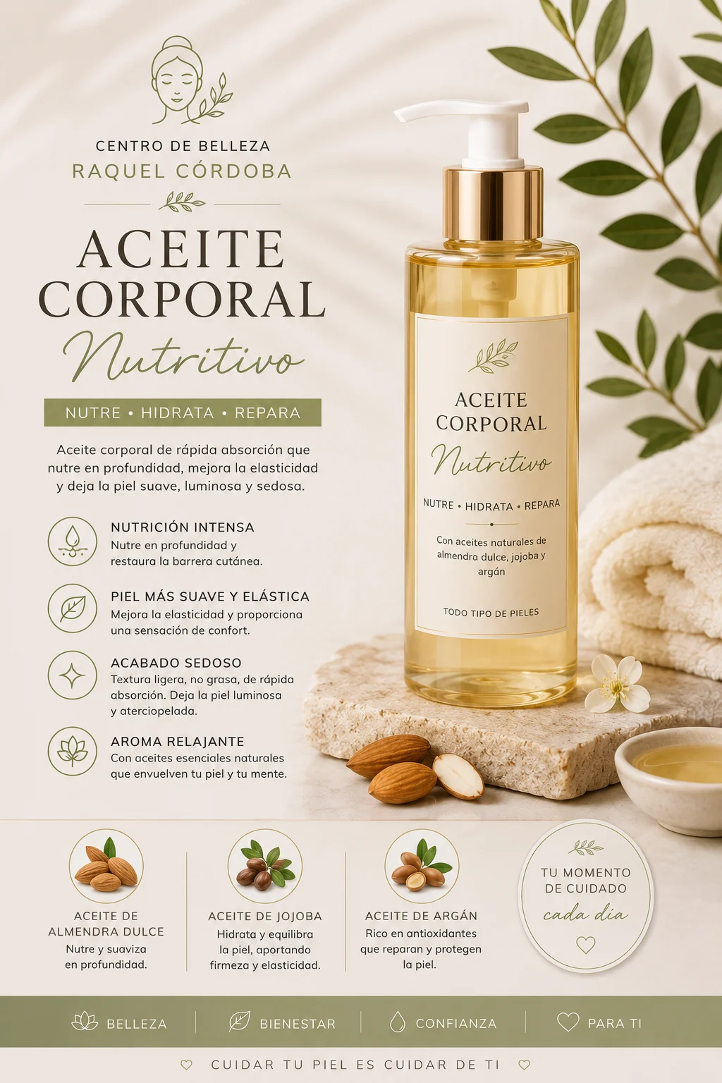 Aceite corporal nutritivo de cosmética profesional para nutrir, hidratar y reparar la piel, enriquecido con aceites naturales.