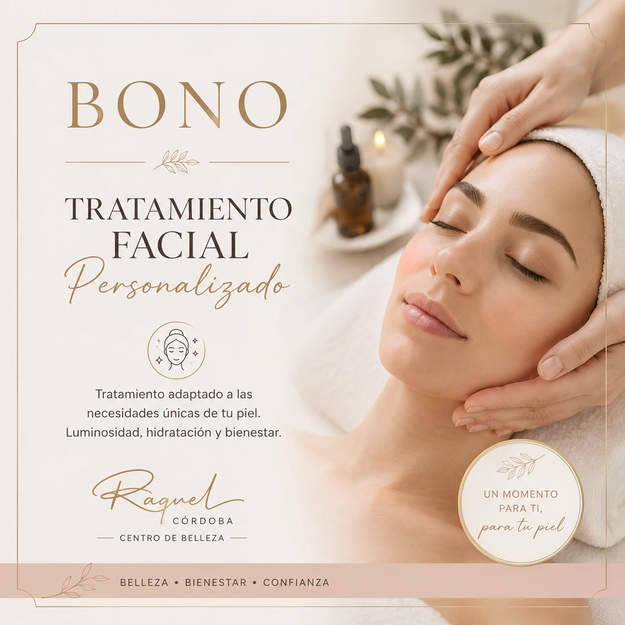 Bono regalo para tratamiento facial personalizado con imagen de una clienta recibiendo un tratamiento de belleza en Centro de Belleza Raquel Córdoba.