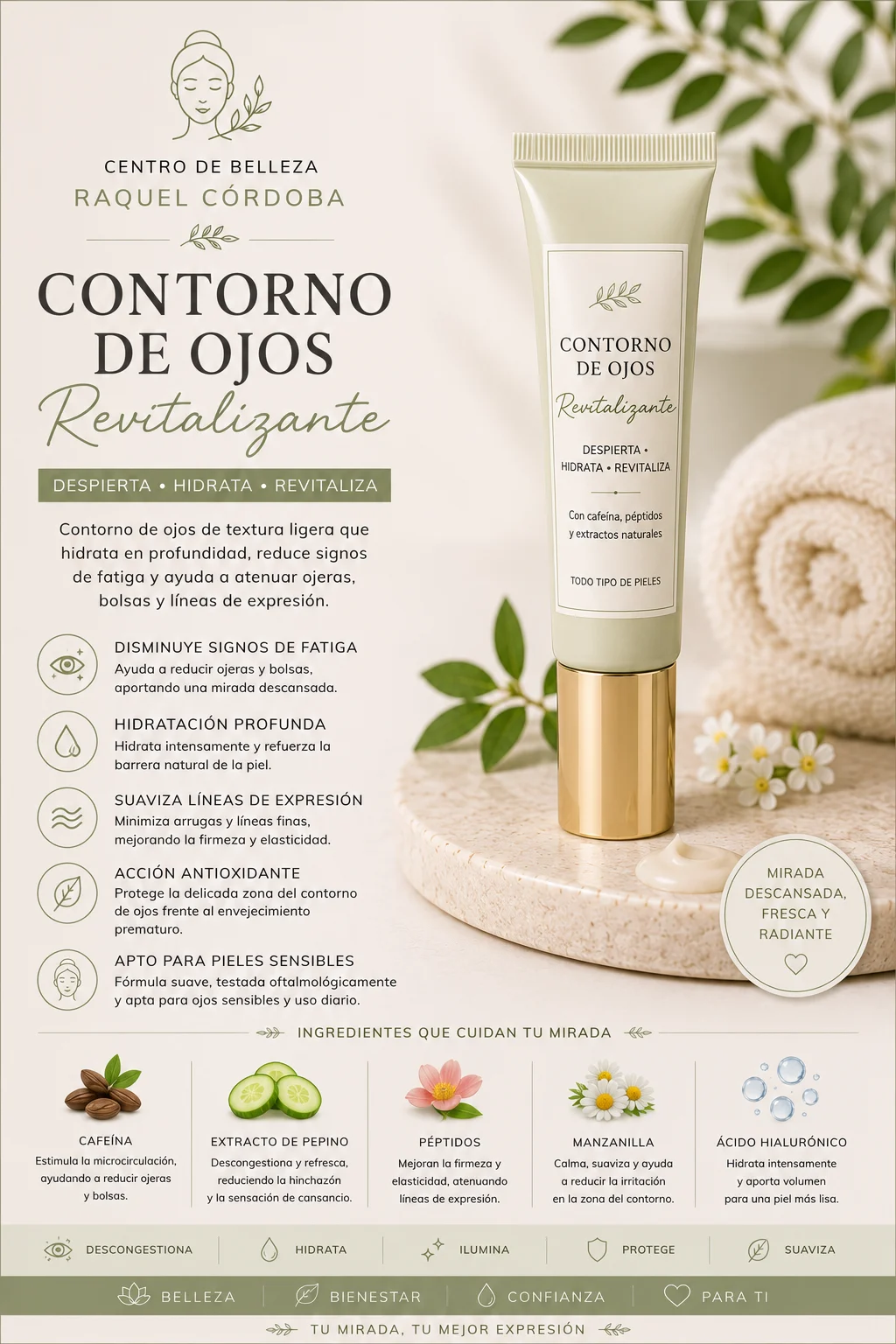 Contorno de ojos revitalizante para hidratar, reducir bolsas y ojeras y suavizar las líneas de expresión.