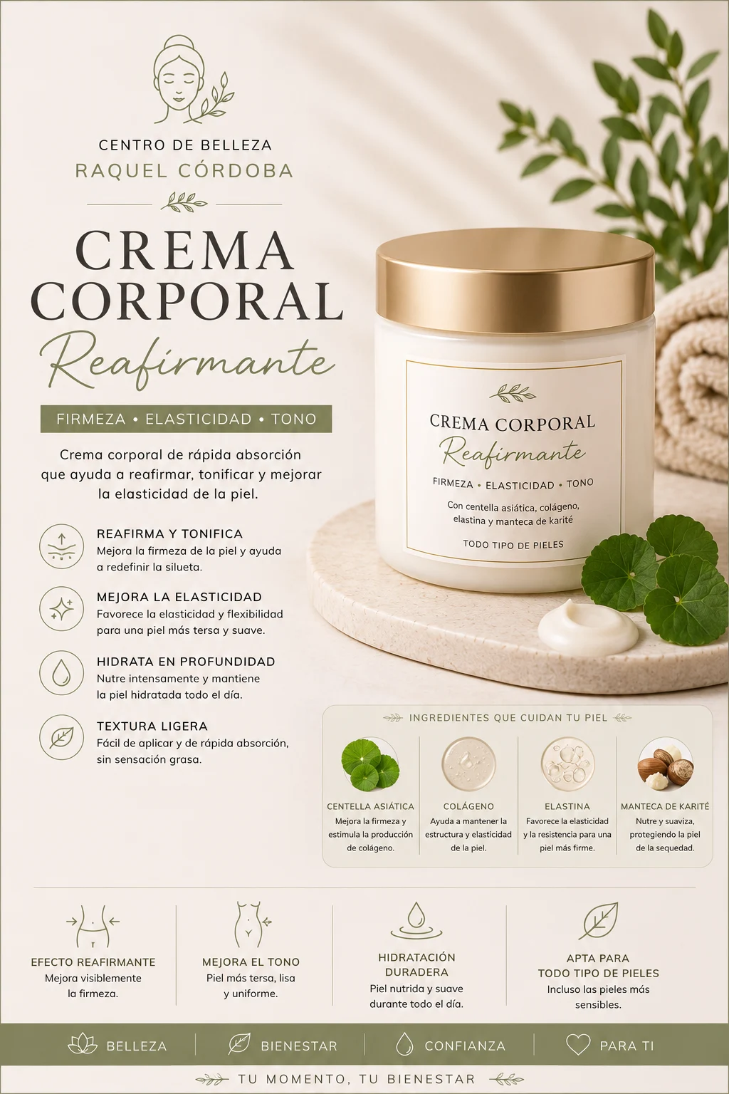 Crema corporal reafirmante de cosmética profesional para mejorar la firmeza, elasticidad e hidratación de la piel.