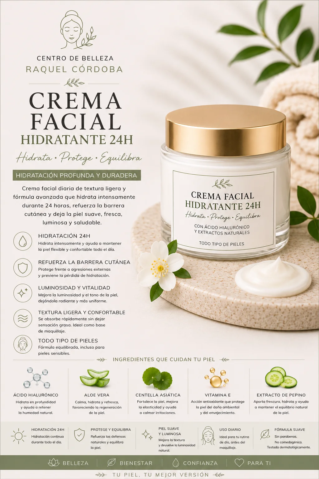 Crema facial hidratante 24 horas con ácido hialurónico y extractos naturales para hidratar, proteger y mantener el equilibrio de la piel.