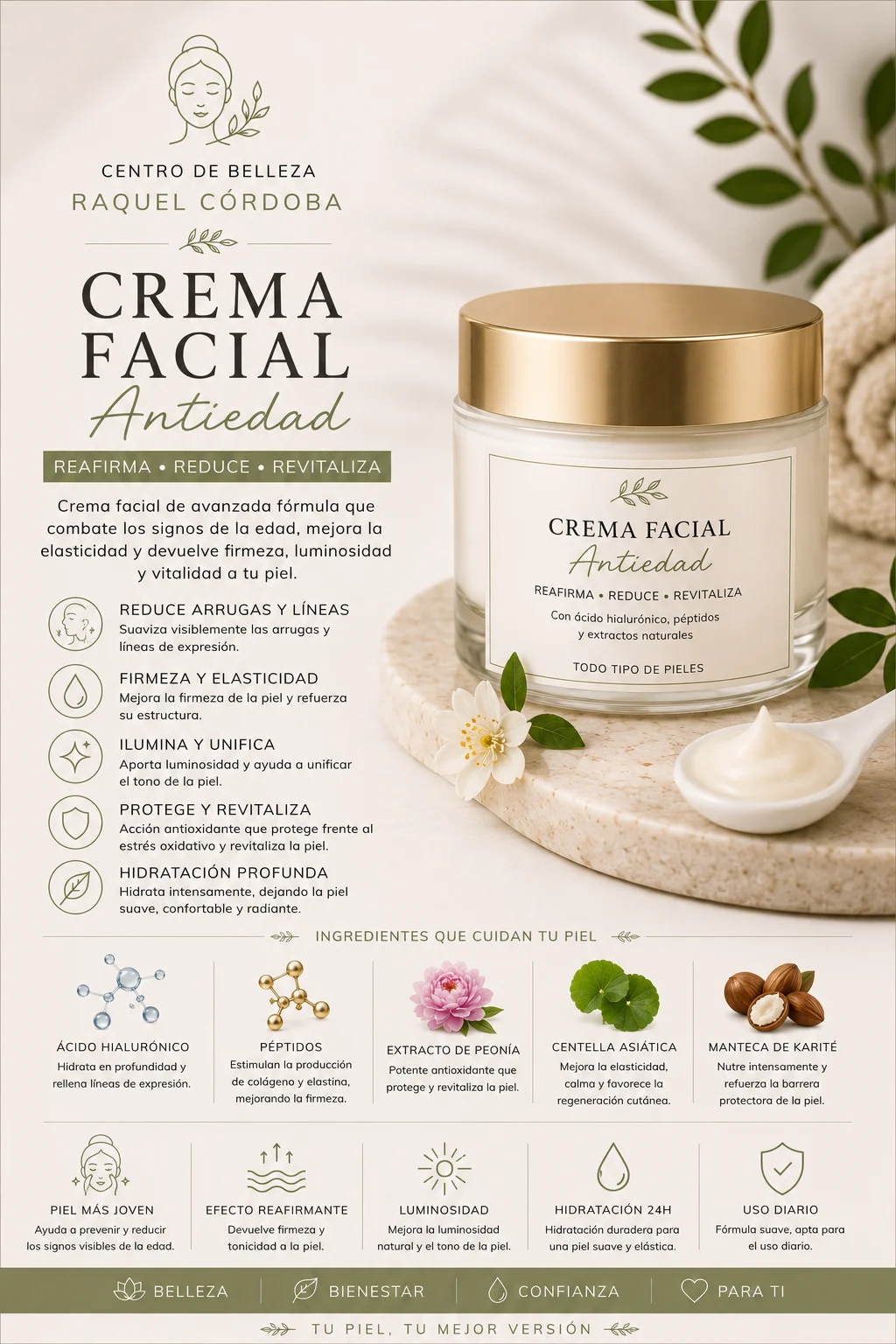 Crema facial antiedad para reafirmar, hidratar y revitalizar la piel, ayudando a reducir los signos visibles del envejecimiento.
