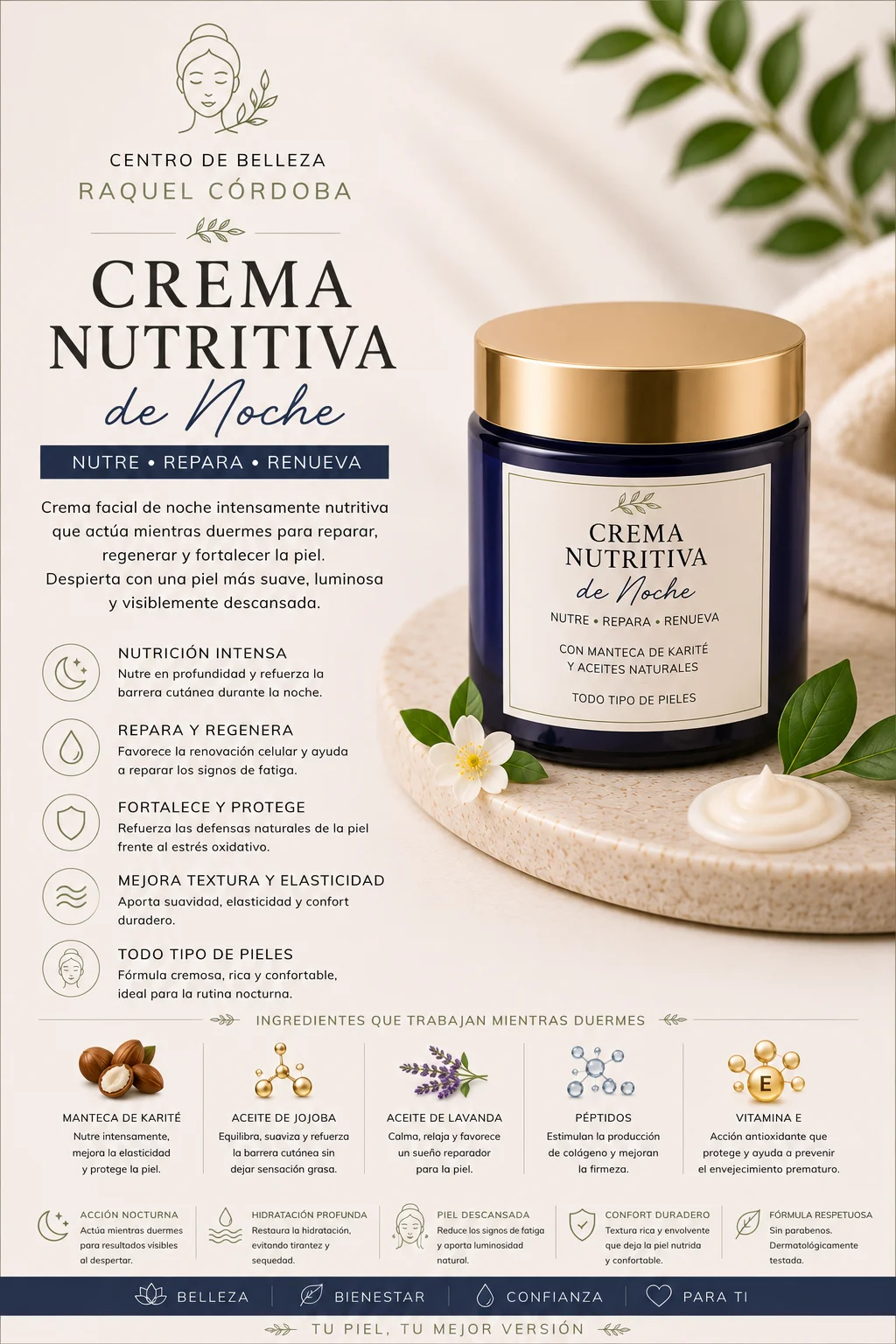 Crema nutritiva de noche para nutrir, reparar y revitalizar la piel mientras duermes.