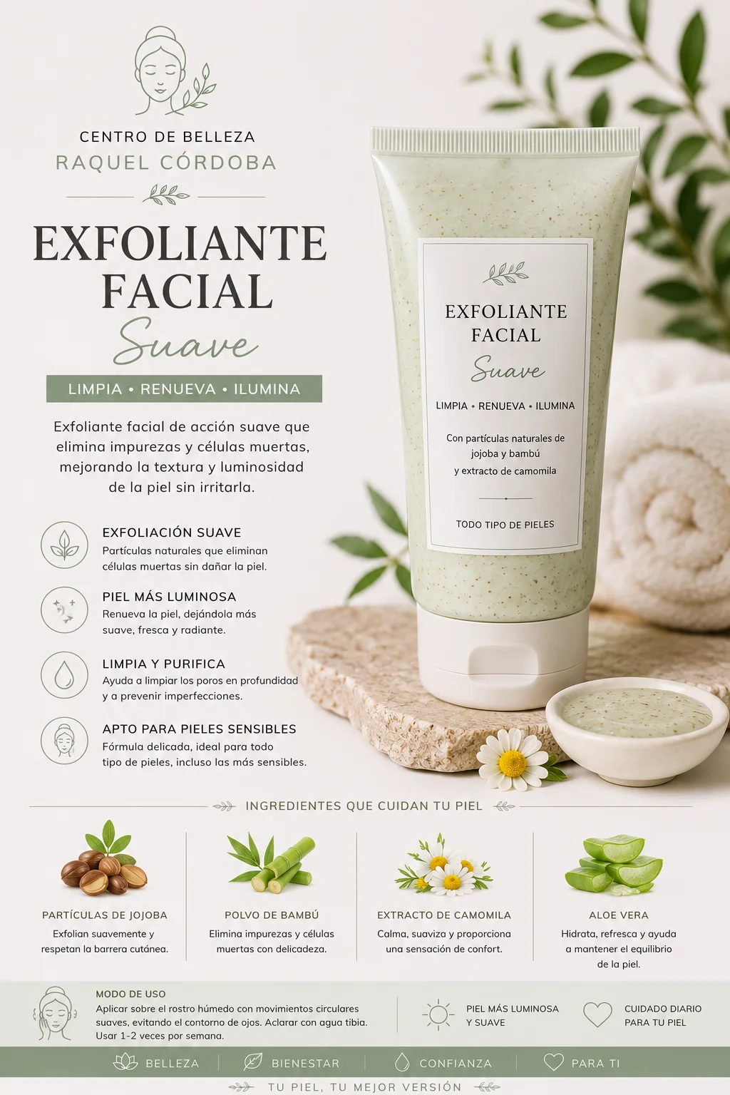 Exfoliante facial suave con partículas naturales para limpiar, renovar e iluminar la piel sin irritarla.
