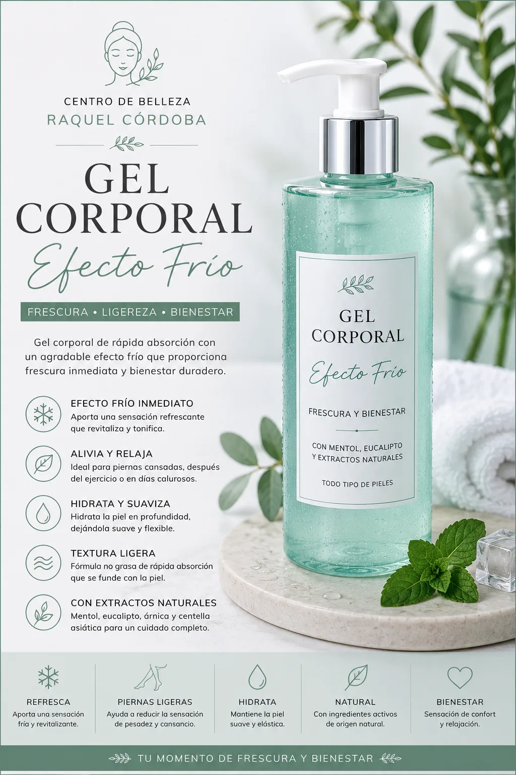 Gel corporal efecto frío con mentol, eucalipto y extractos naturales para refrescar, aliviar e hidratar la piel.