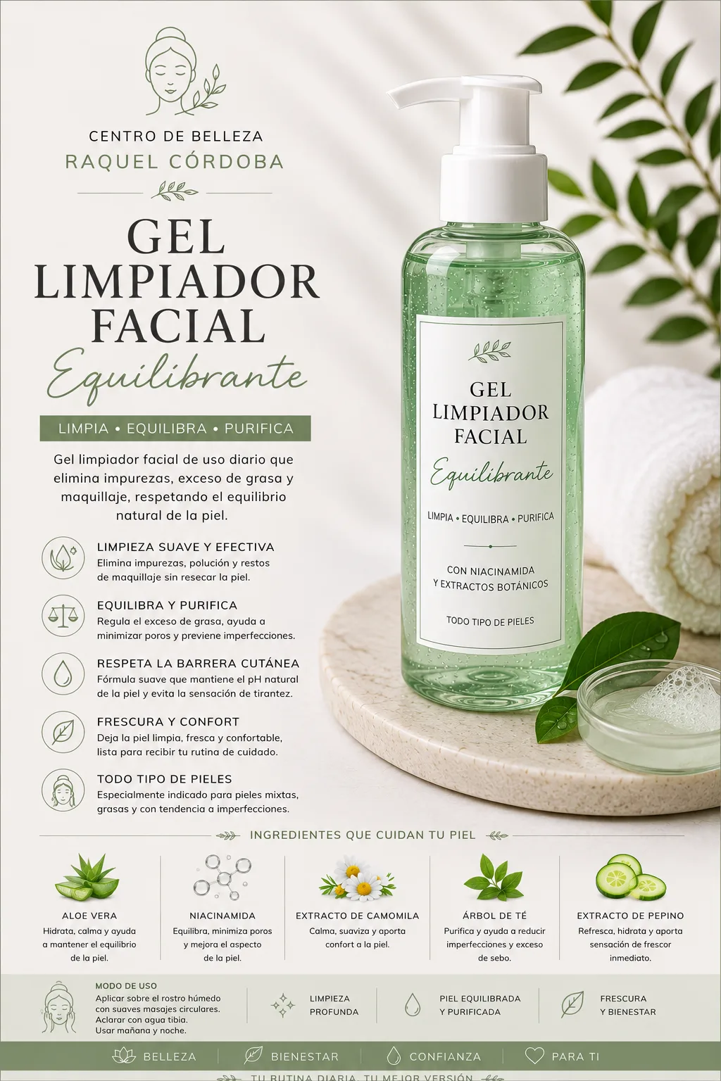 Gel limpiador facial equilibrante para limpiar, purificar y mantener el equilibrio natural de la piel.