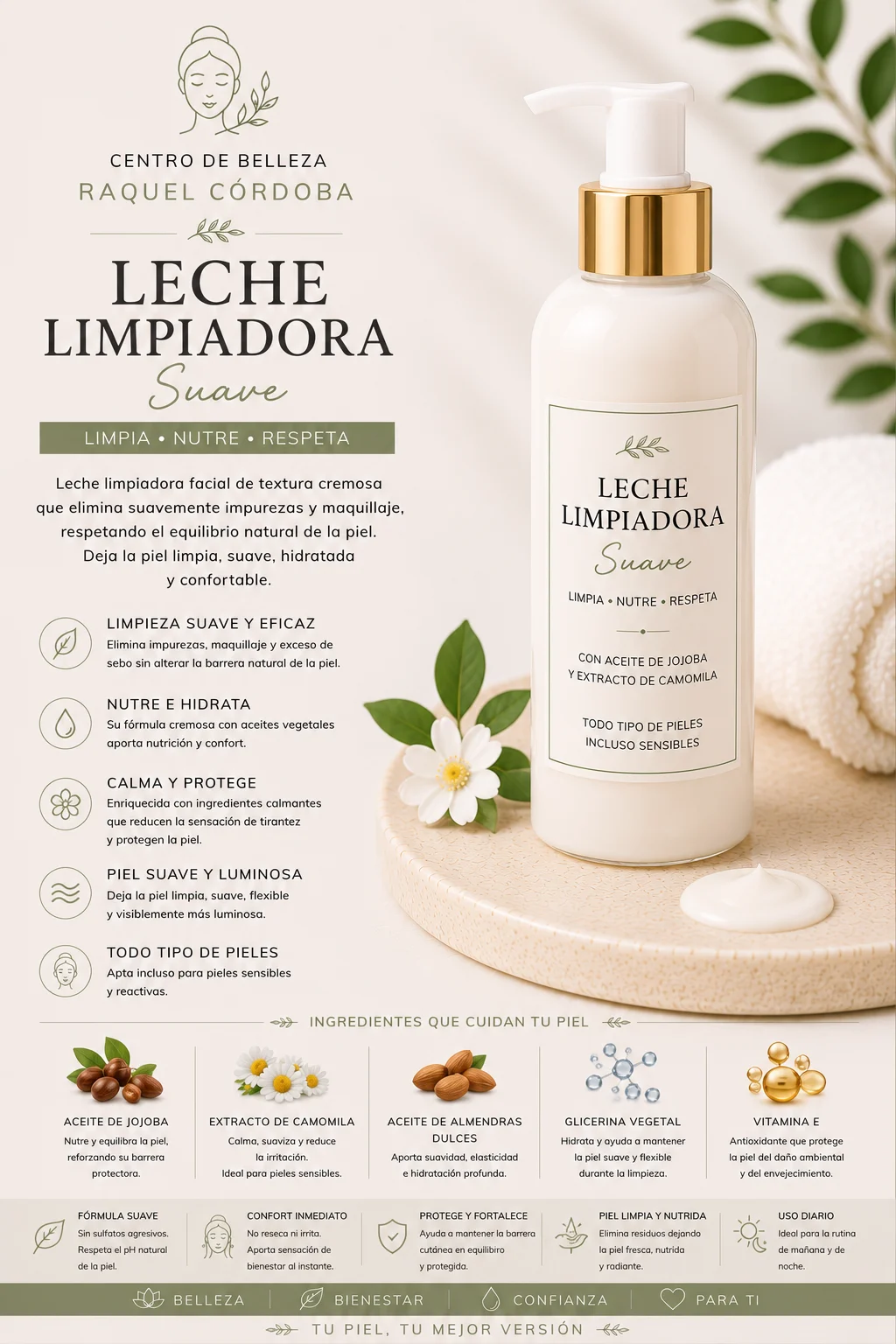 Leche limpiadora suave para eliminar maquillaje e impurezas mientras hidrata y respeta el equilibrio natural de la piel.
