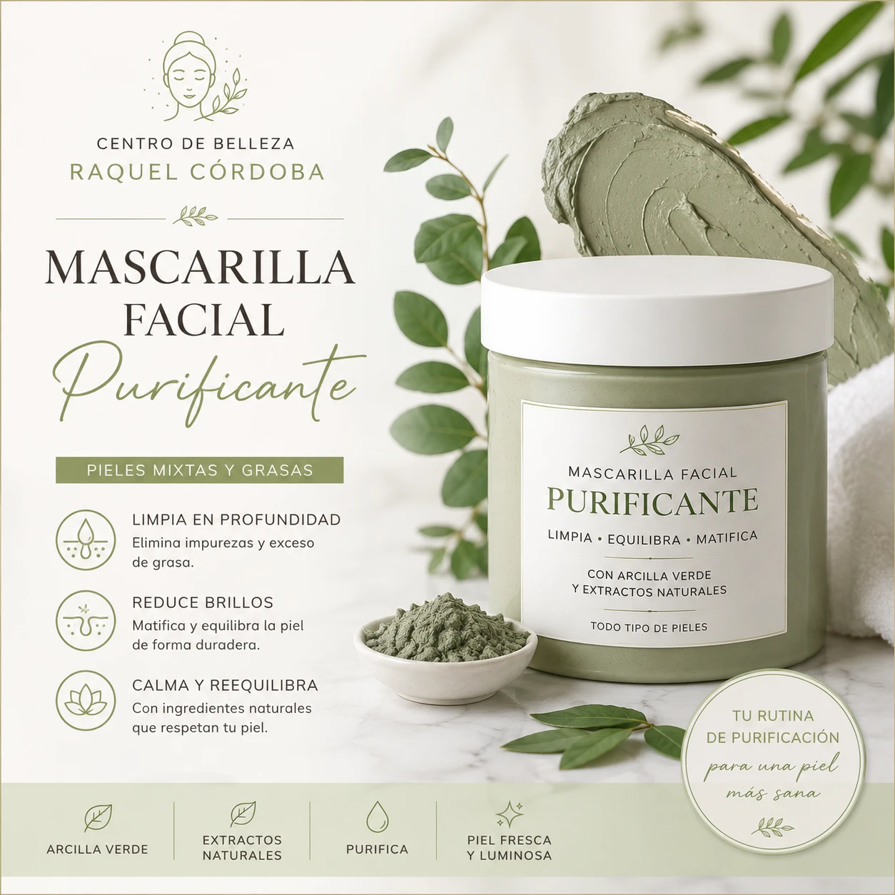 Mascarilla facial purificante con arcilla verde y extractos naturales para limpiar, equilibrar y matificar la piel.
