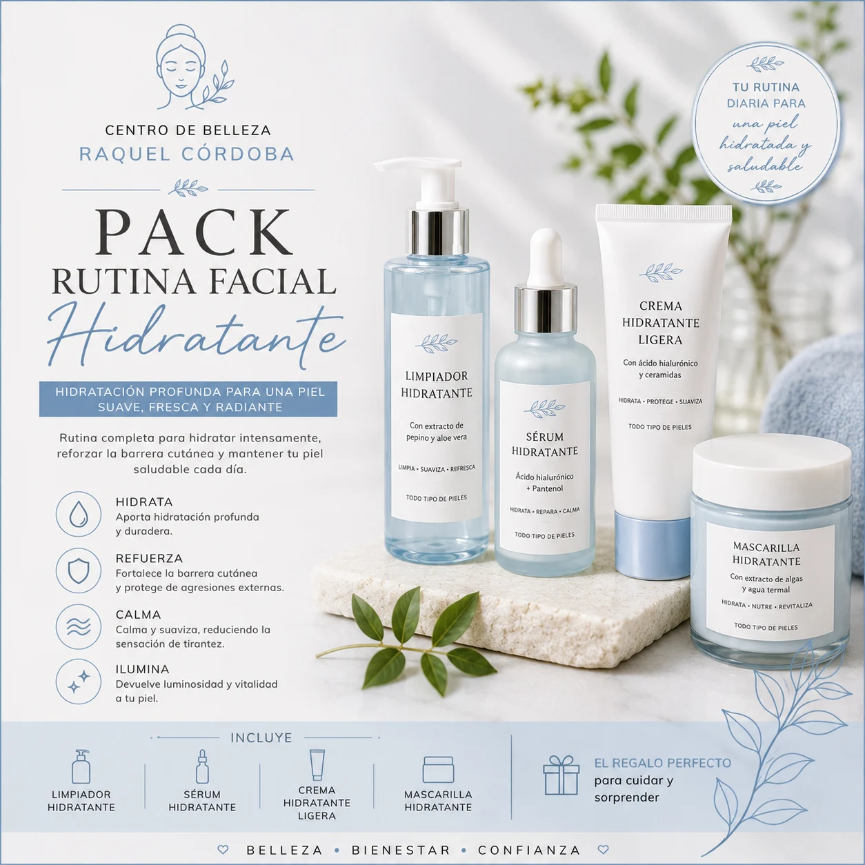 Pack de rutina facial hidratante con limpiador, sérum, crema hidratante y mascarilla para hidratar y proteger la piel.