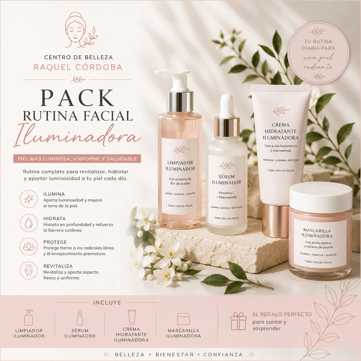 Pack de rutina facial iluminadora con limpiador, sérum, crema hidratante y mascarilla para aportar luminosidad e hidratación a la piel.