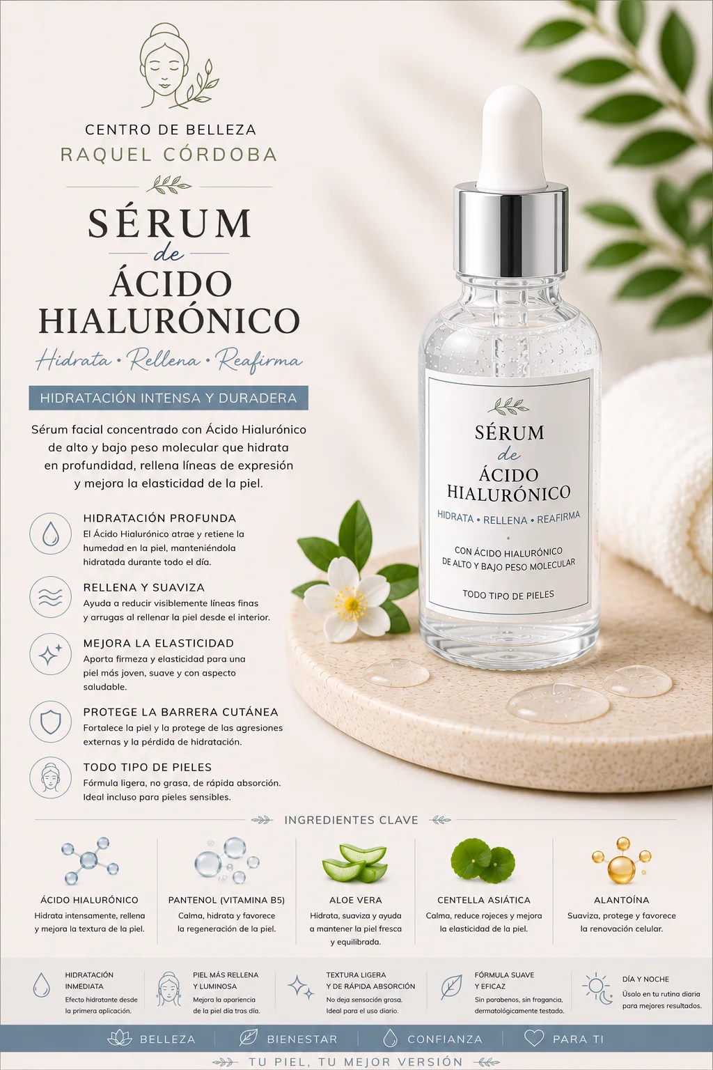 Sérum de ácido hialurónico para hidratar en profundidad, rellenar líneas de expresión y mejorar la elasticidad de la piel.
