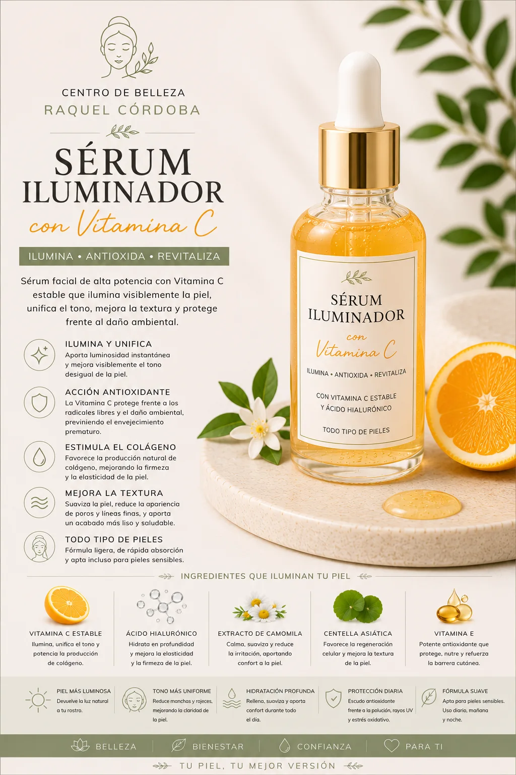 Sérum iluminador con vitamina C para aportar luminosidad, unificar el tono y proteger la piel frente al envejecimiento.