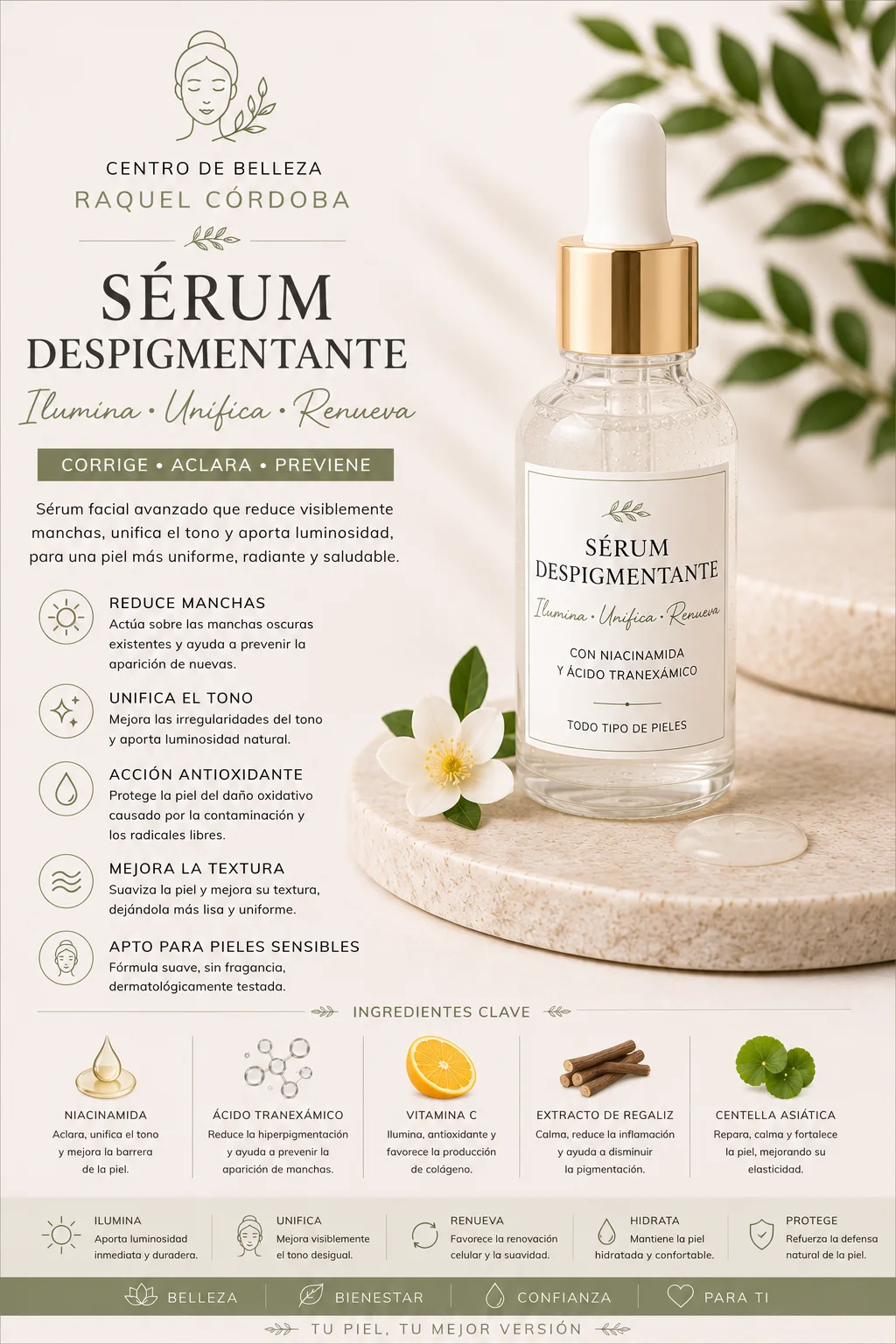 Sérum despigmentante con niacinamida y ácido tranexámico para unificar el tono, reducir manchas y aportar luminosidad a la piel