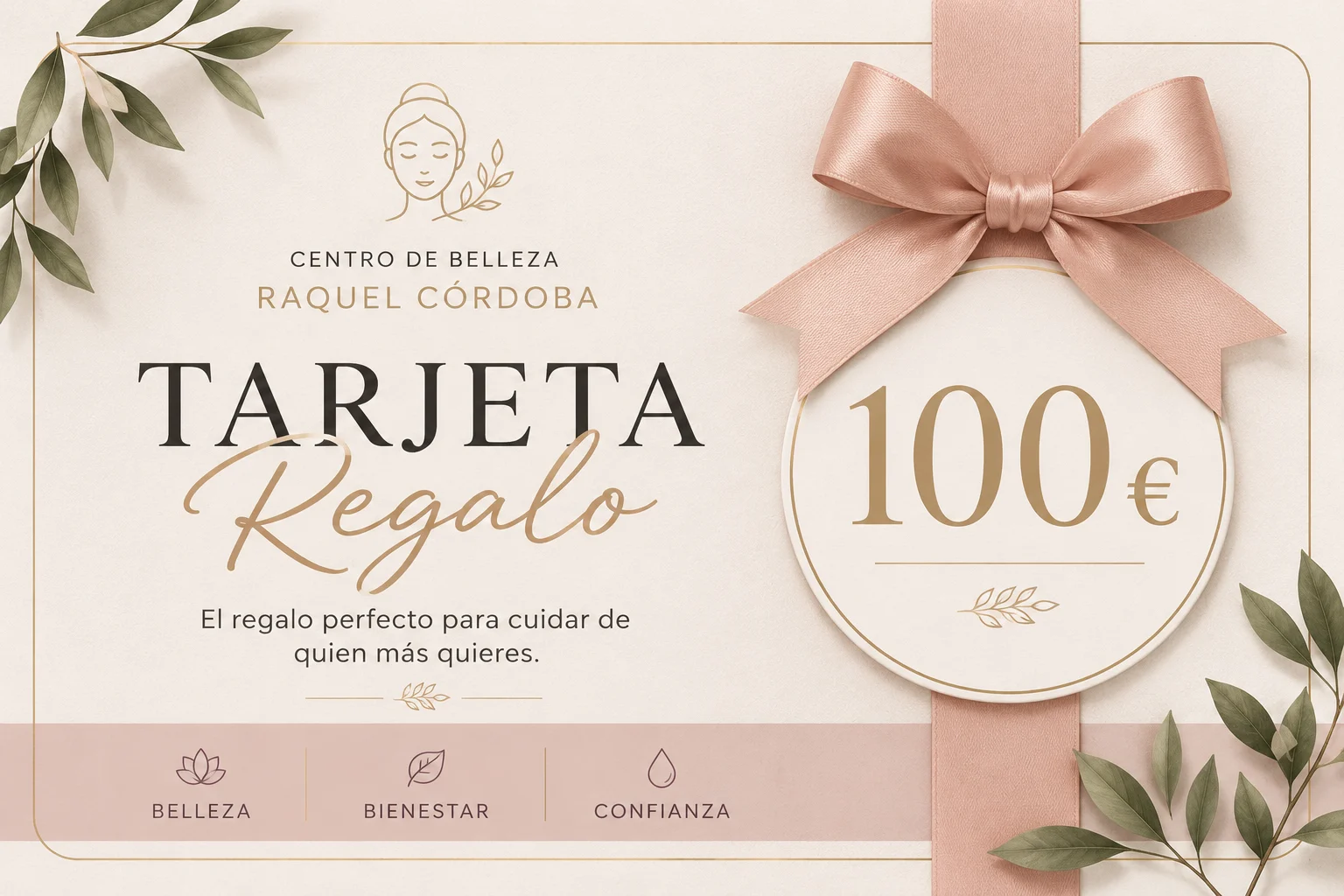 Tarjeta regalo de 100 € para tratamientos y productos de belleza en Centro de Belleza Raquel Córdoba.