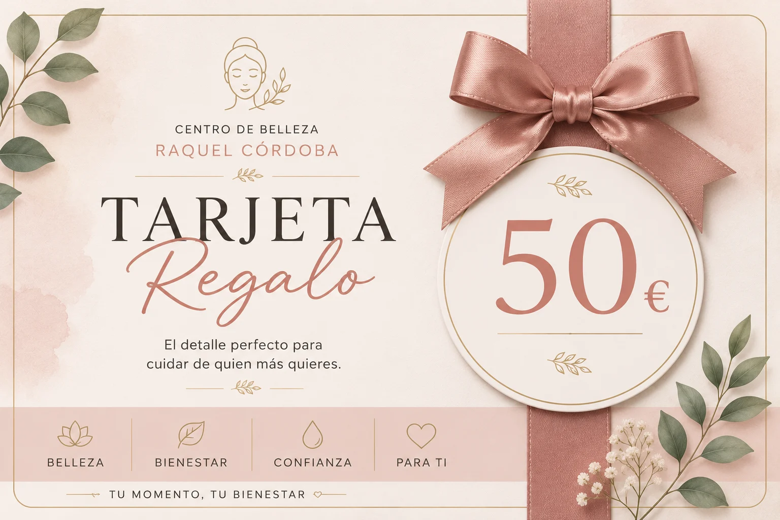 Tarjeta regalo de 50 € para tratamientos y productos de belleza en Centro de Belleza Raquel Córdoba.