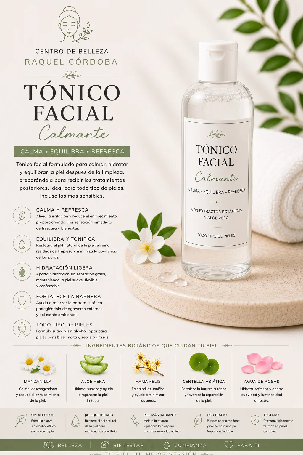 Tónico facial calmante con extractos botánicos y aloe vera para calmar, equilibrar y refrescar la piel tras la limpieza.